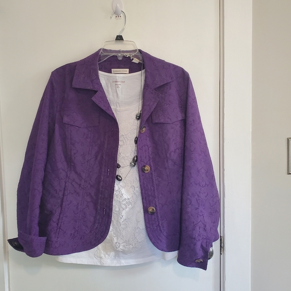 Coldwater Creek Jacket Purple Embroidered Print Collared Buttons Pockets Size 14 - Picture 2 of 10